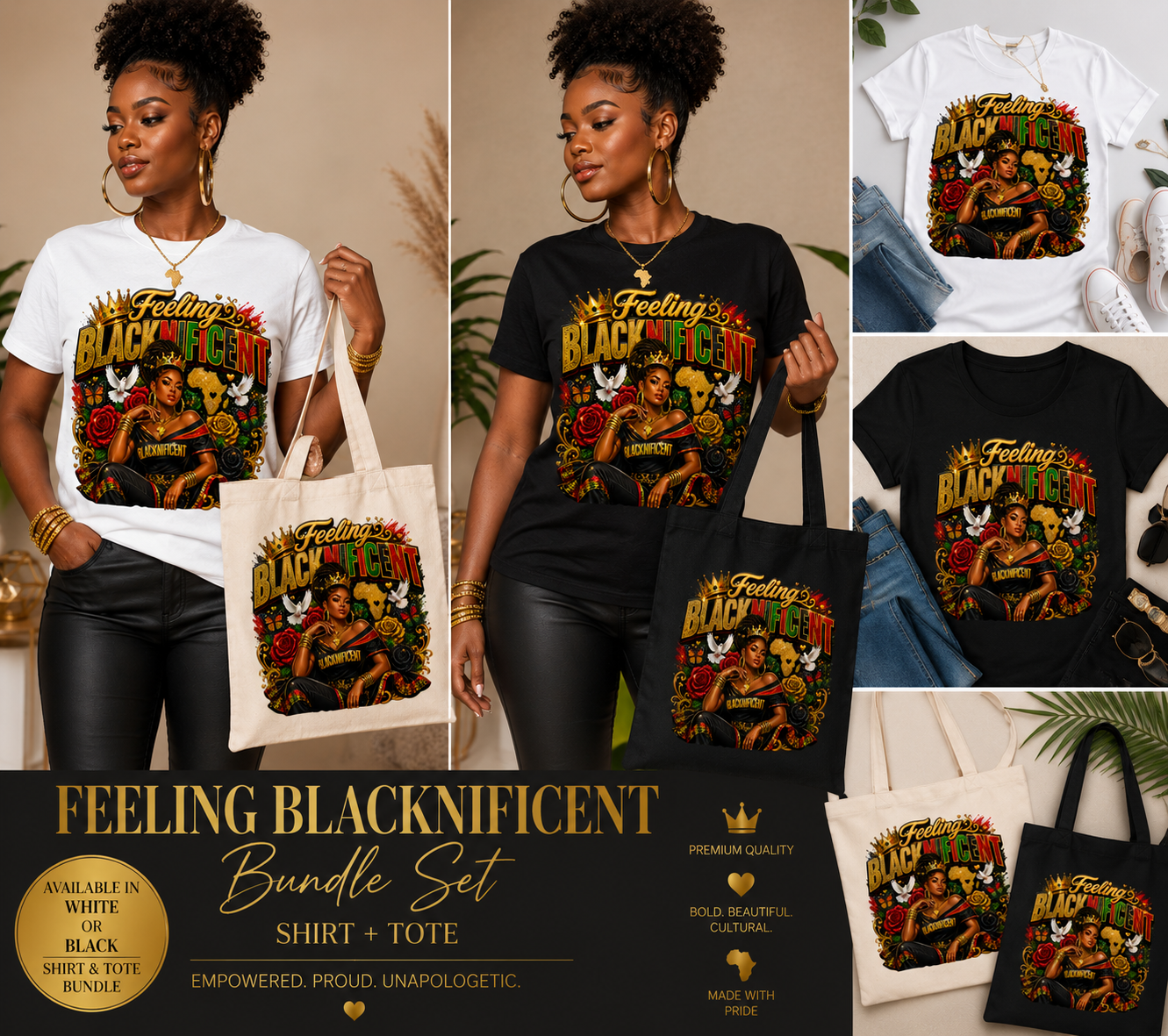Feeling Blacknificent Bundle Set | Premium Graphic Tee + Matching Tote | Afrocentric Black Pride Fashion Set
