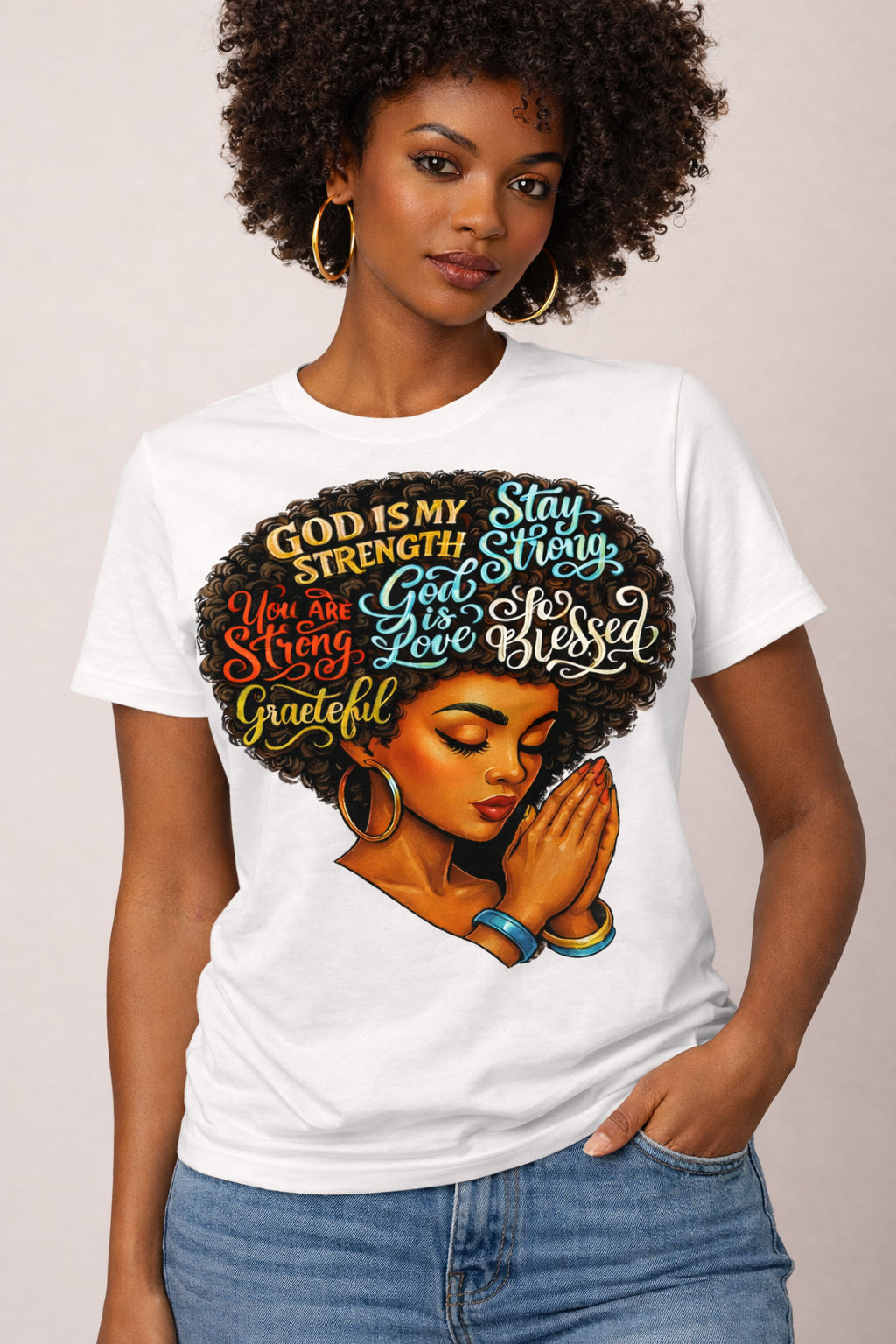 God Is My Strength Afro Woman Faith Graphic T-Shirt – Christian Inspirational Tee