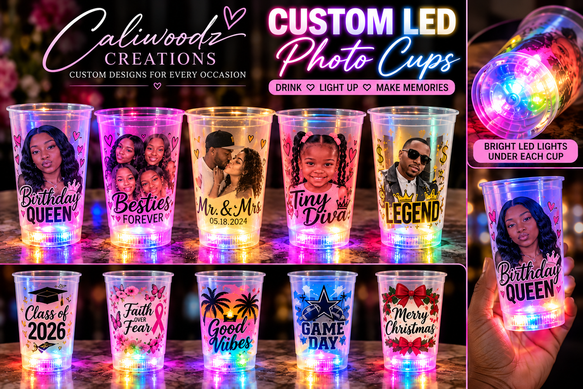Personalized LED photo cups with assorted multicolor lights, Caliwoodz Creations mockup