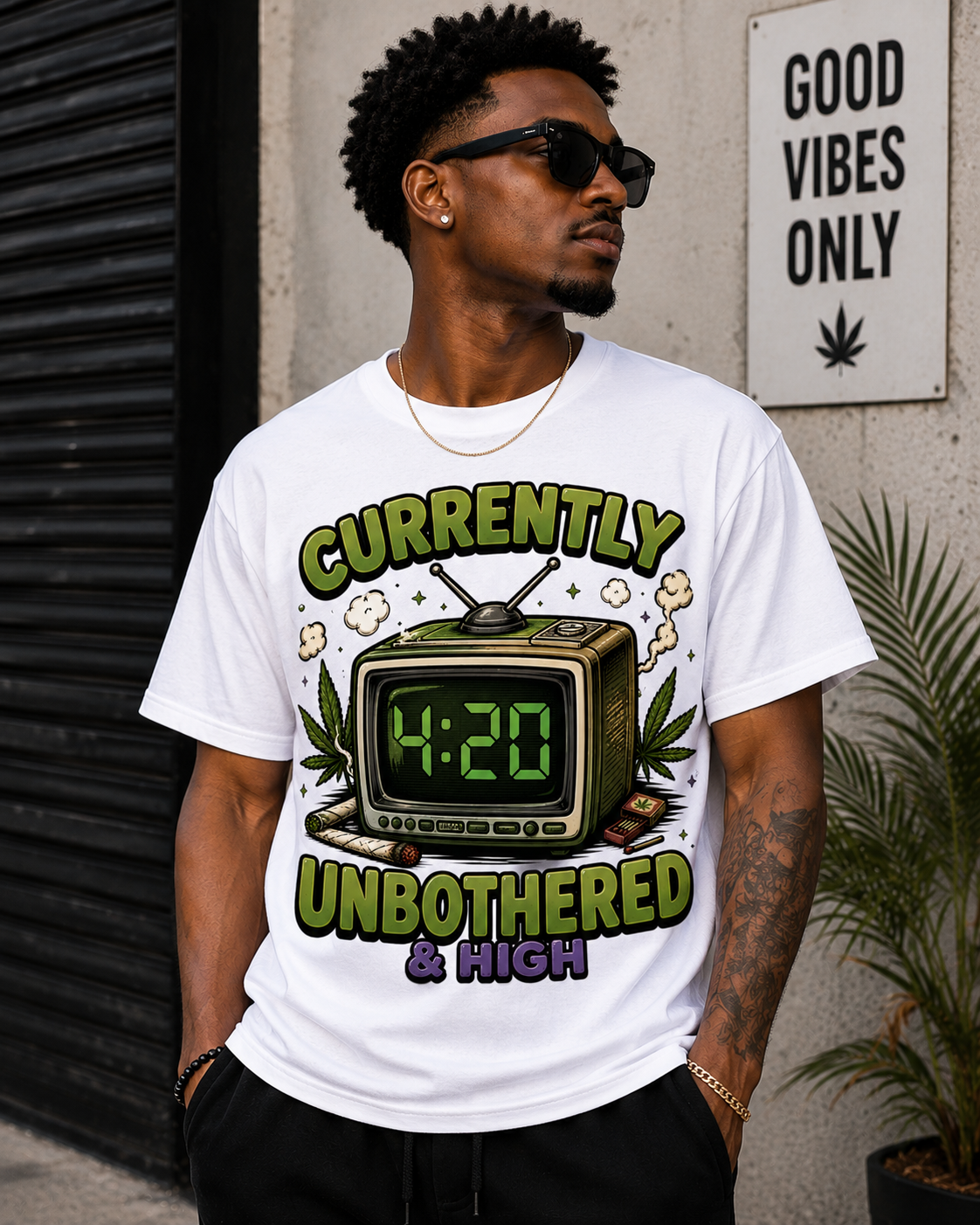 Currently Unbothered & High 4:20 T-Shirt | Funny Retro TV Graphic Tee | Chill Streetwear Shirt
