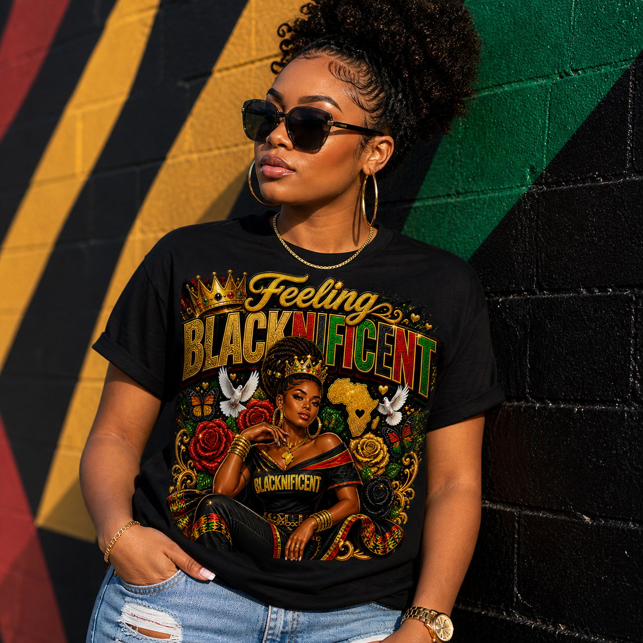 Feeling Blacknificent Queen Graphic Tee | Afrocentric Empowerment Shirt | Bold Black Excellence Statement T-Shirt