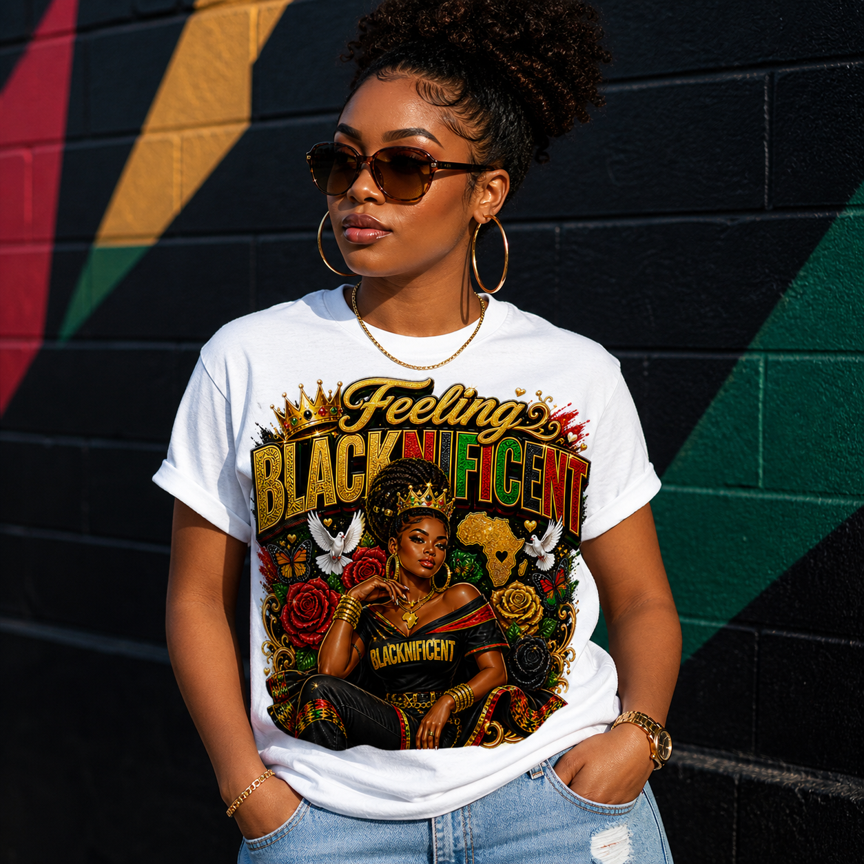 Feeling Blacknificent Queen Graphic Tee | Afrocentric Empowerment Shirt | Bold Black Excellence Statement T-Shirt