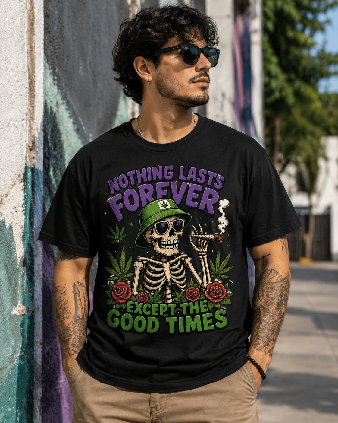 Nothing Lasts Forever Except the Good Times T-Shirt | Funny Skeleton Smoker Graphic Tee | Chill Streetwear Shirt