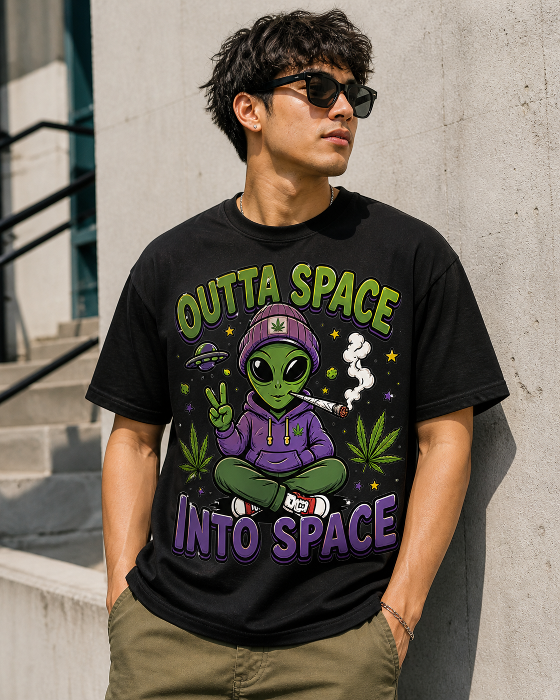Outta Space Into Space Shirt | Funny Alien Smoker Graphic Tee | Streetwear Humor T-Shirt