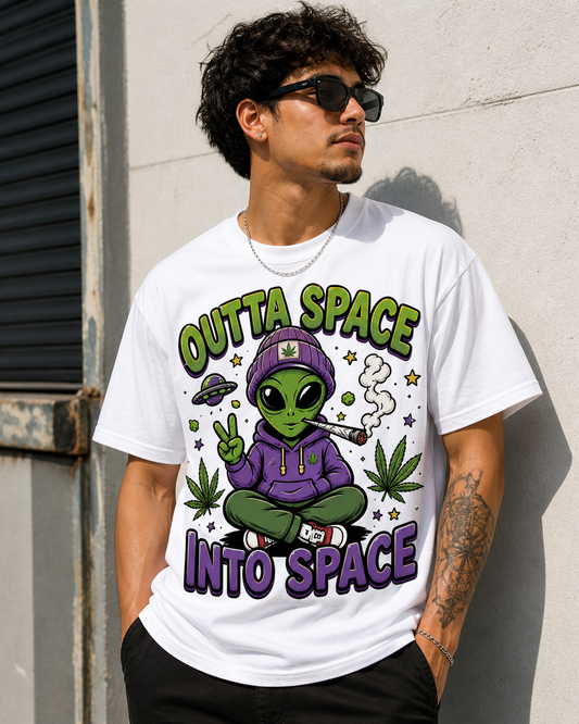 Outta Space Into Space Shirt | Funny Alien Smoker Graphic Tee | Streetwear Humor T-Shirt