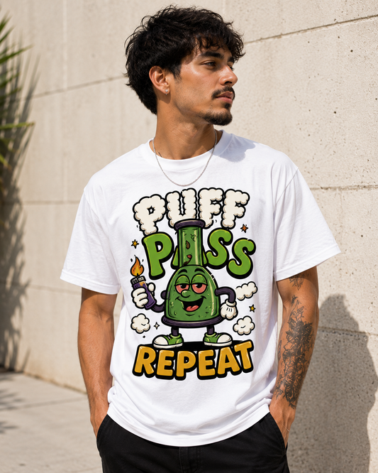 Puff Pass Repeat Shirt | Funny Cannabis Graphic Tee | Smoker Humor Streetwear